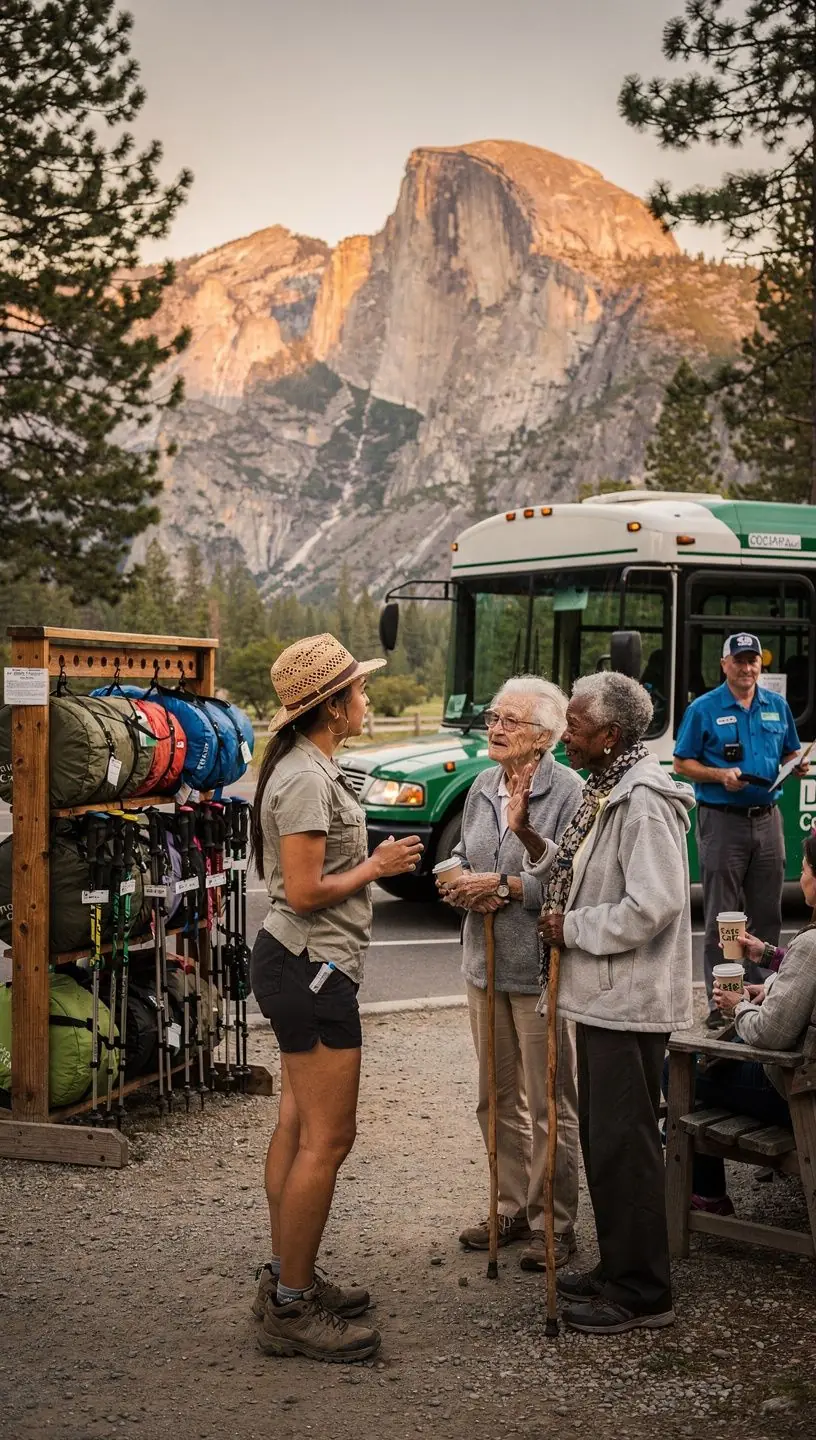 Автобус шаттл у входа в национальный парк с информационными знаками и оборудованием для туристов.